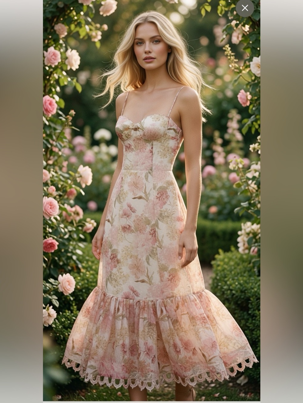 Zimmermann Pink and Cream Floral Midi Slip Dress with Ruffle Hem size AU 2  US 8